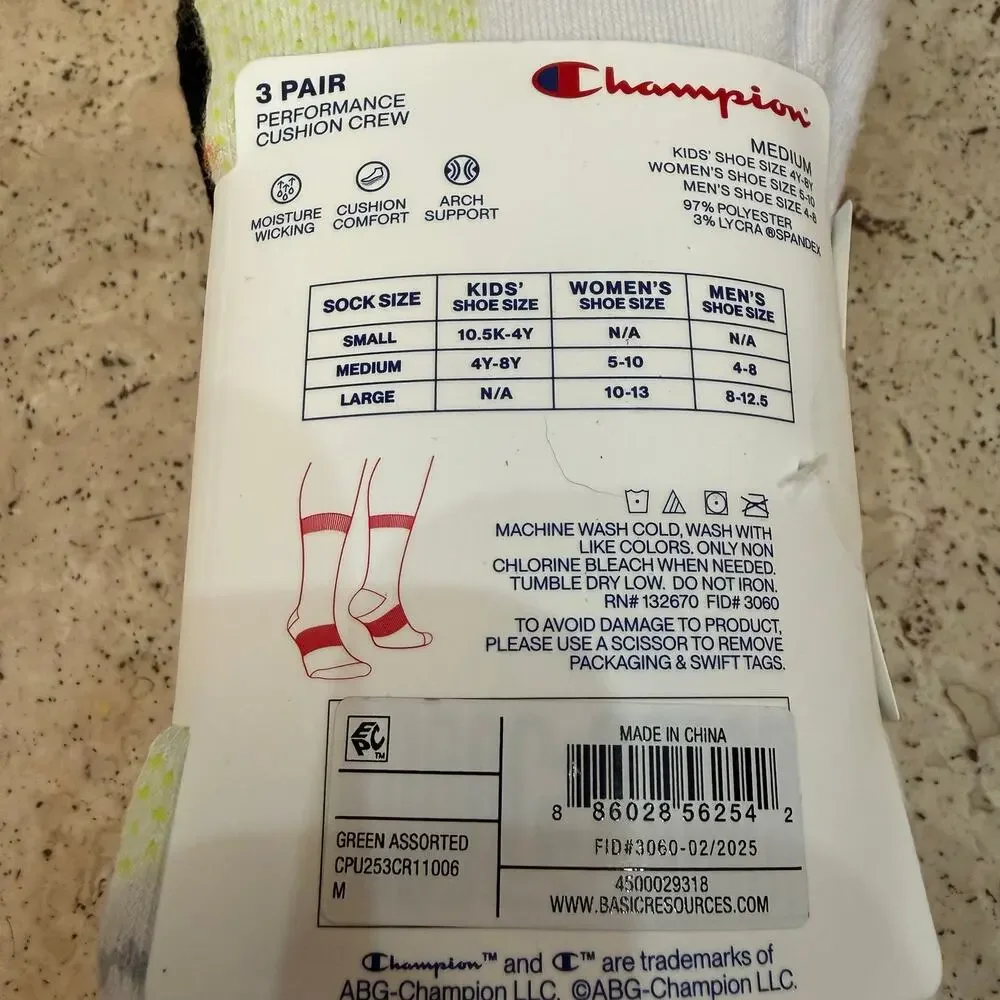 Champion All Sport Performance Cushion Crew Socks 3-Pack - Adult Medium NEW NWT